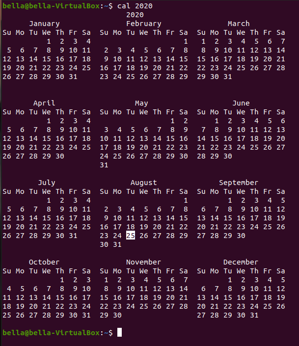 Image of the command cal 2020